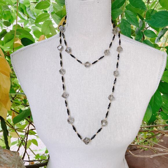 VTG West Germany 46" Smoky Gray Faceted Plastic Bead Necklace Glass Box Clasp - Picture 8 of 11